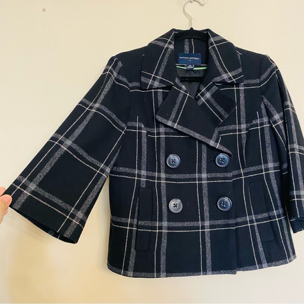 Banana Republic Plaid Black Pea Coat Wool Blend Size XS Preppy Academia Business
